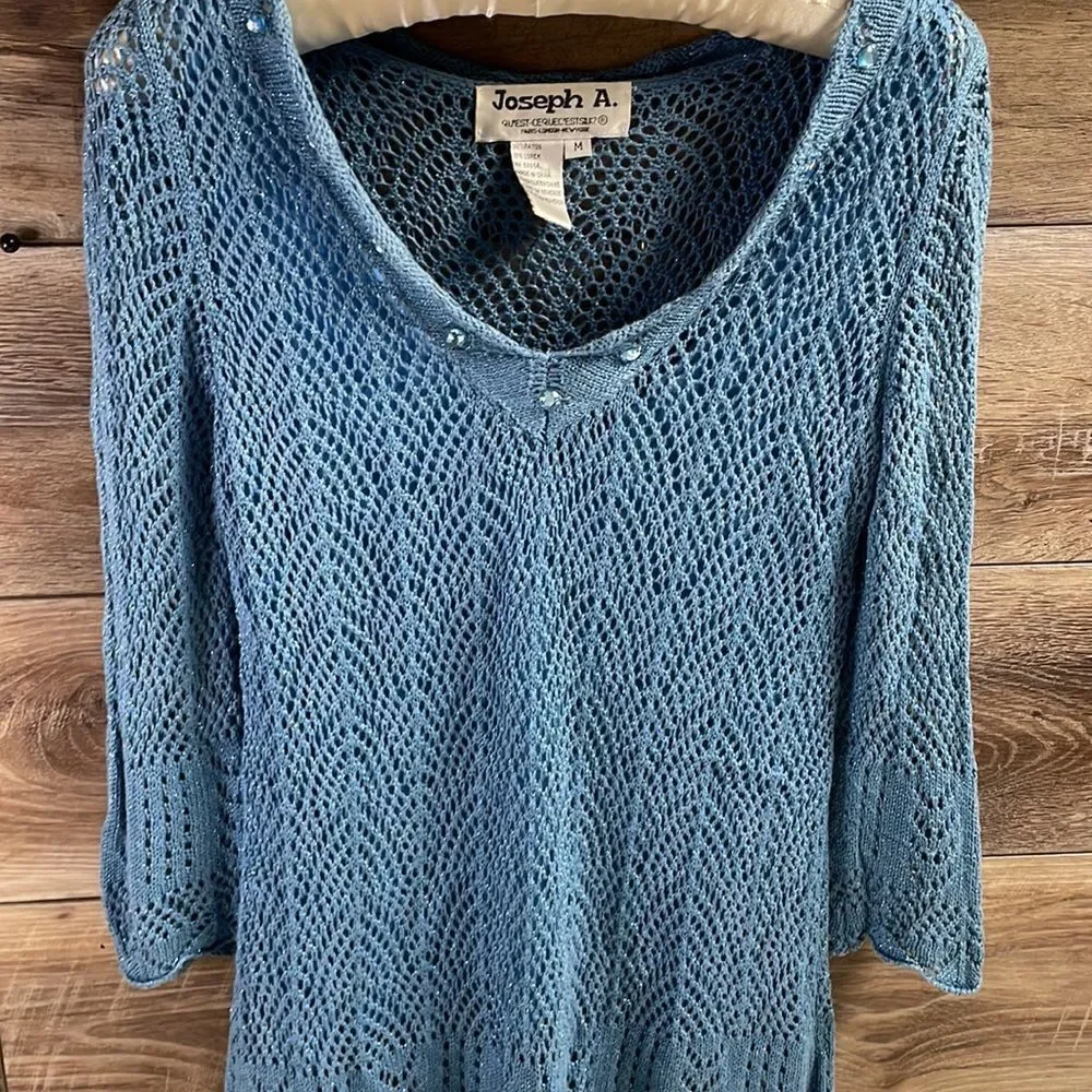 Joseph A Ladies Open Knit Sweater Sz Medium Blue W/Silver Threads Built in Camis